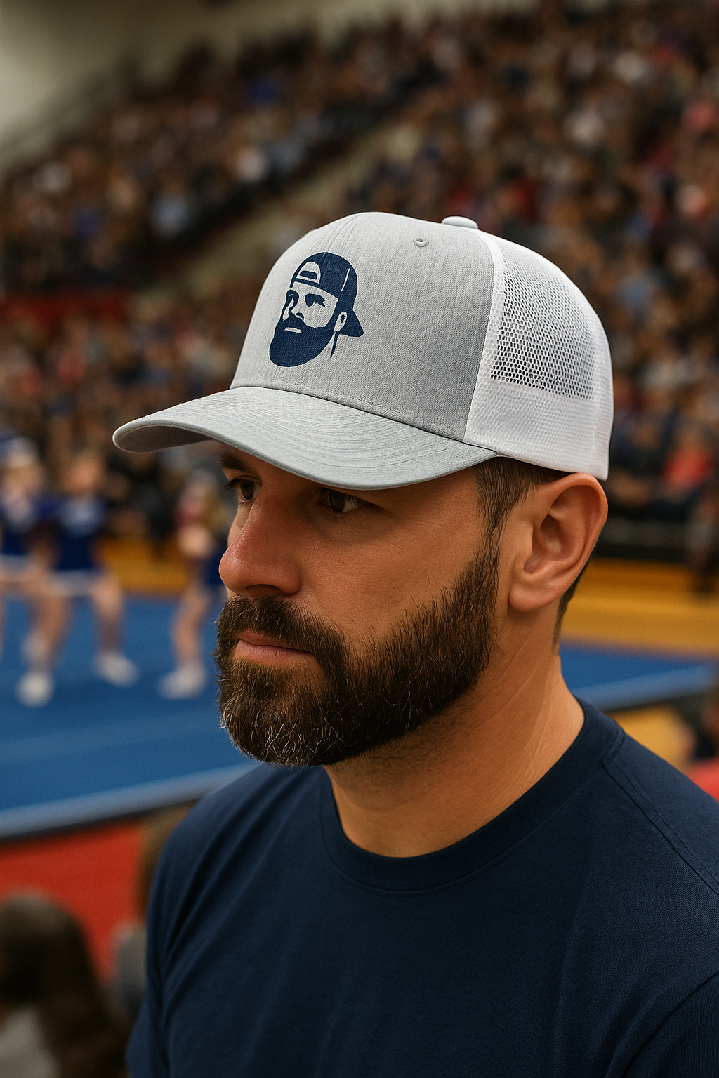 👉 Cheer Dad Hat – Embroidered Bearded Man Logo Trucker Hat | Legend in the Stands™